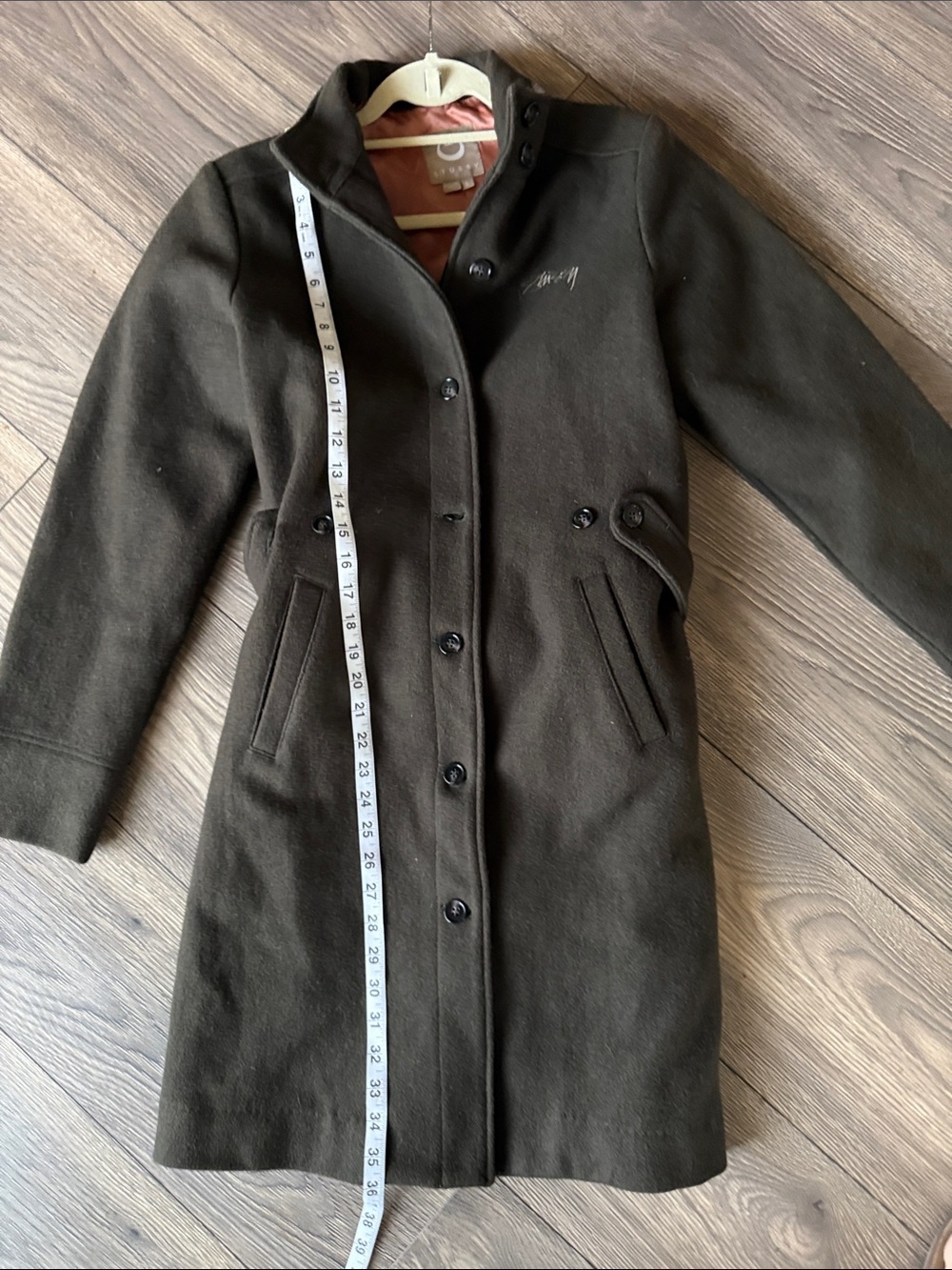 Stüssy Women’s Wool Blend Long Coat Brown High Collar Belted Size Large - Picture 12 of 15